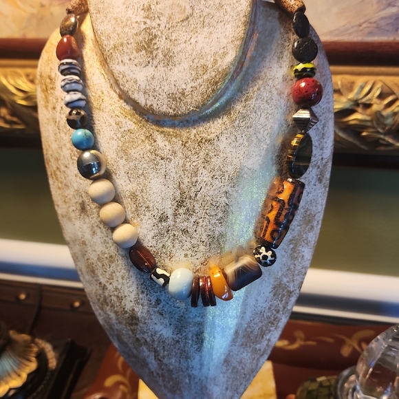 Artisan HandmadeBeaded Necklace with Earthy Tones Of Agatesturquoise 925